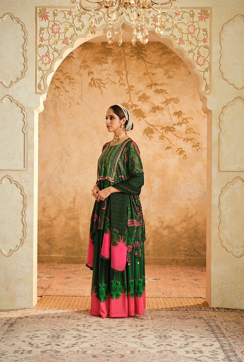 Green Short Kurta Goonj Sharara Set