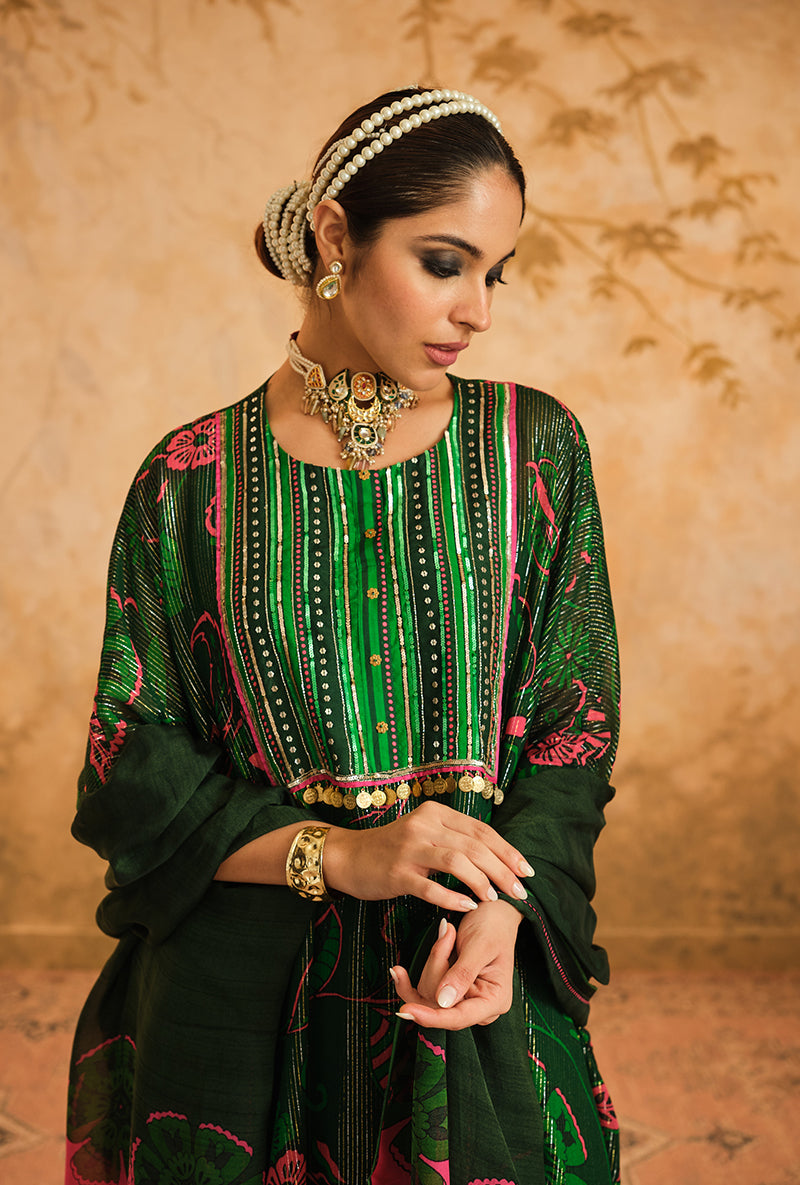 Green Short Kurta Goonj Sharara Set