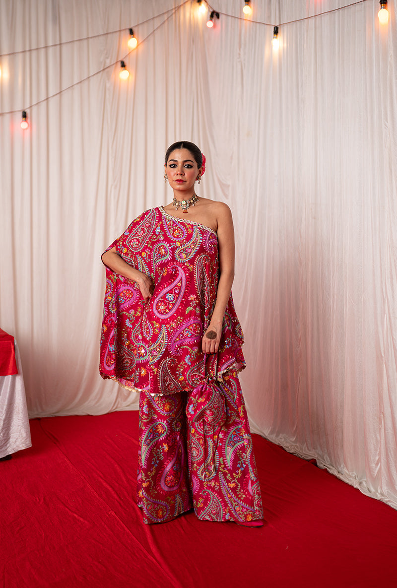 Maroon Off Shoulder Kikli Sharara Set