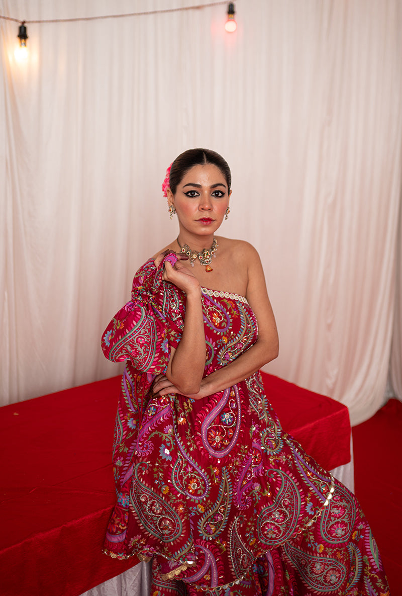 Maroon Off Shoulder Kikli Sharara Set