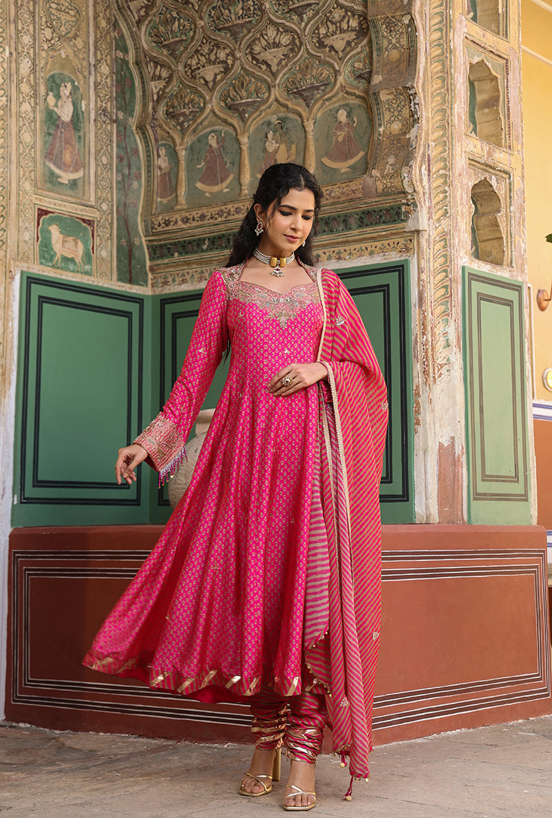 Pink Printed Raag Kalidar Set