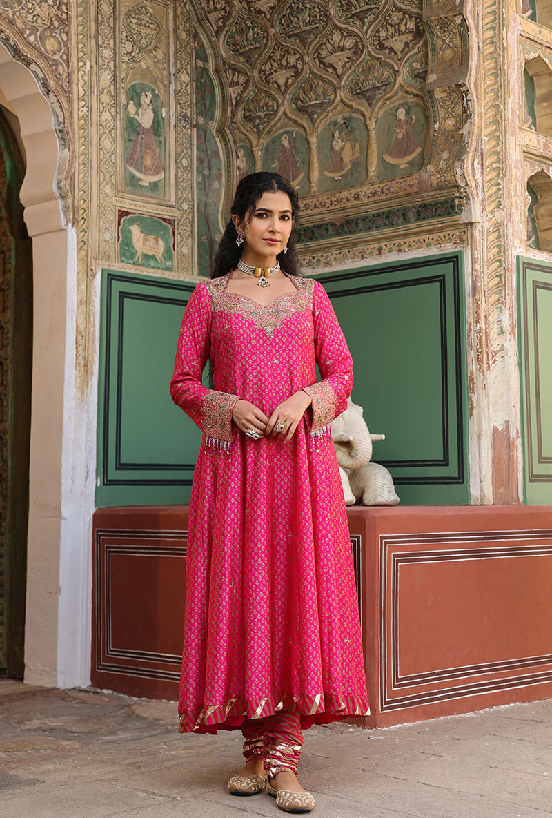 Pink Printed Raag Kalidar Set