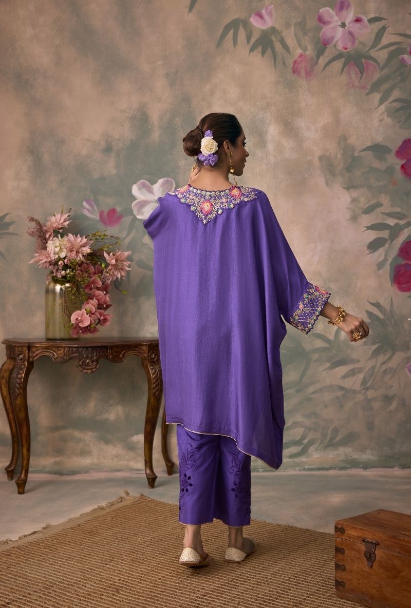 Purple Embroidered Neck Jalsa Kaftan  Set
