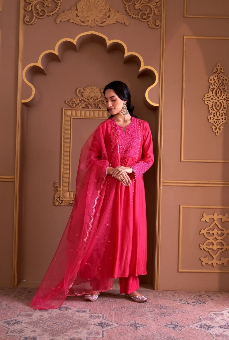 Pink Bead Yoke Rasia Kurta Set