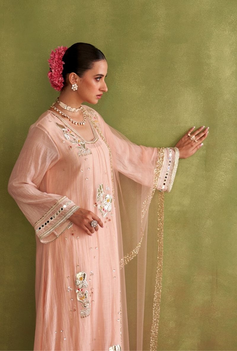 Baby Pink Silver Patchwork Morbagh Kurta Set