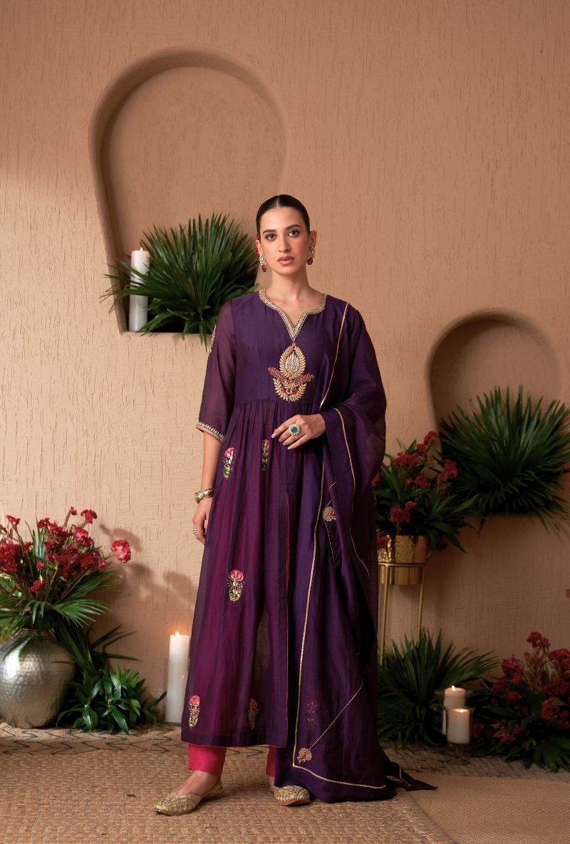 Purple Front Slit Naveli Anarkali Set