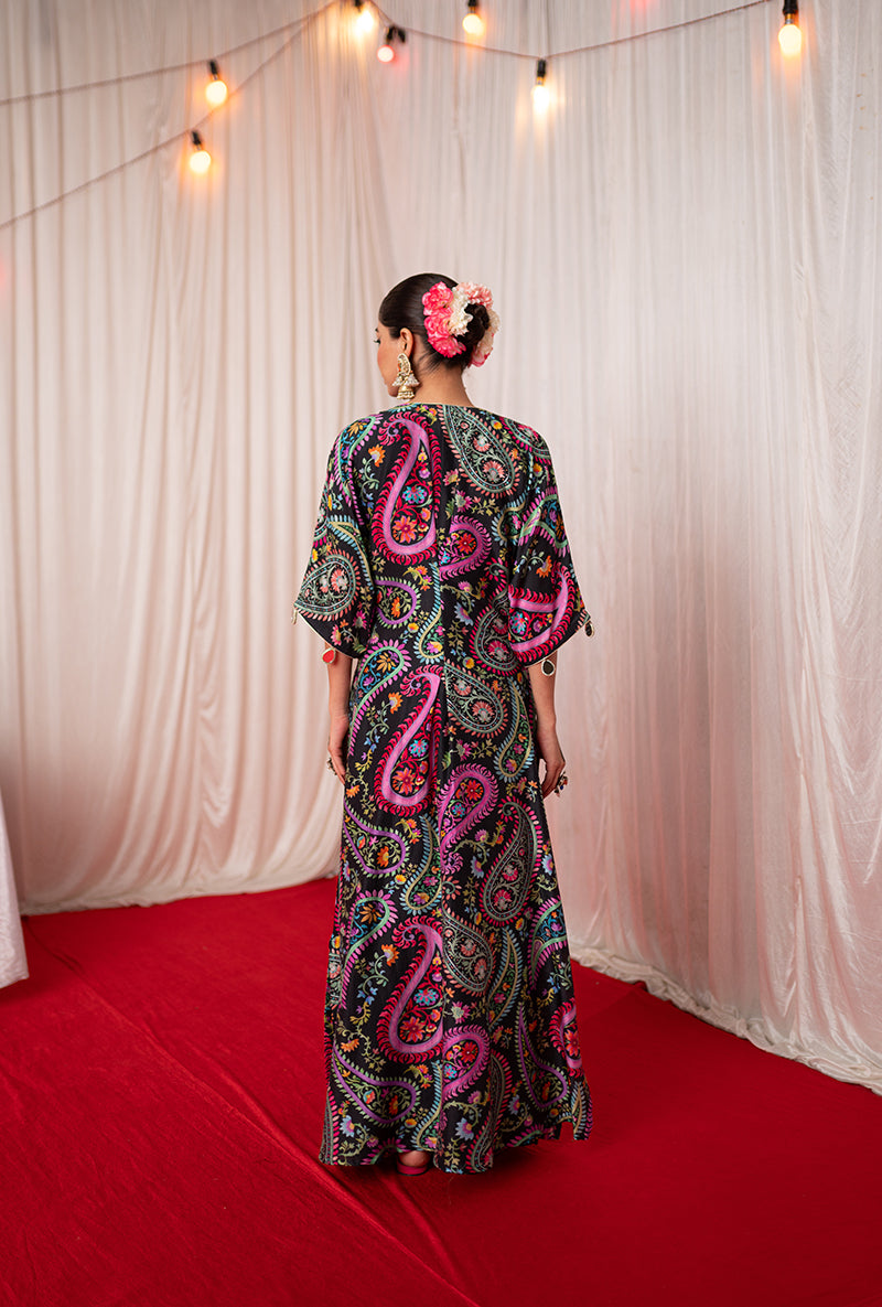 Black Embroidered Kikli Kaftan Set
