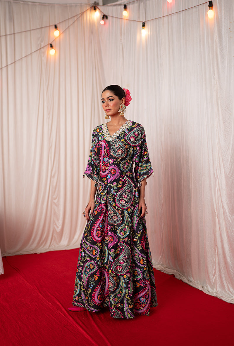 Black Embroidered Kikli Kaftan Set
