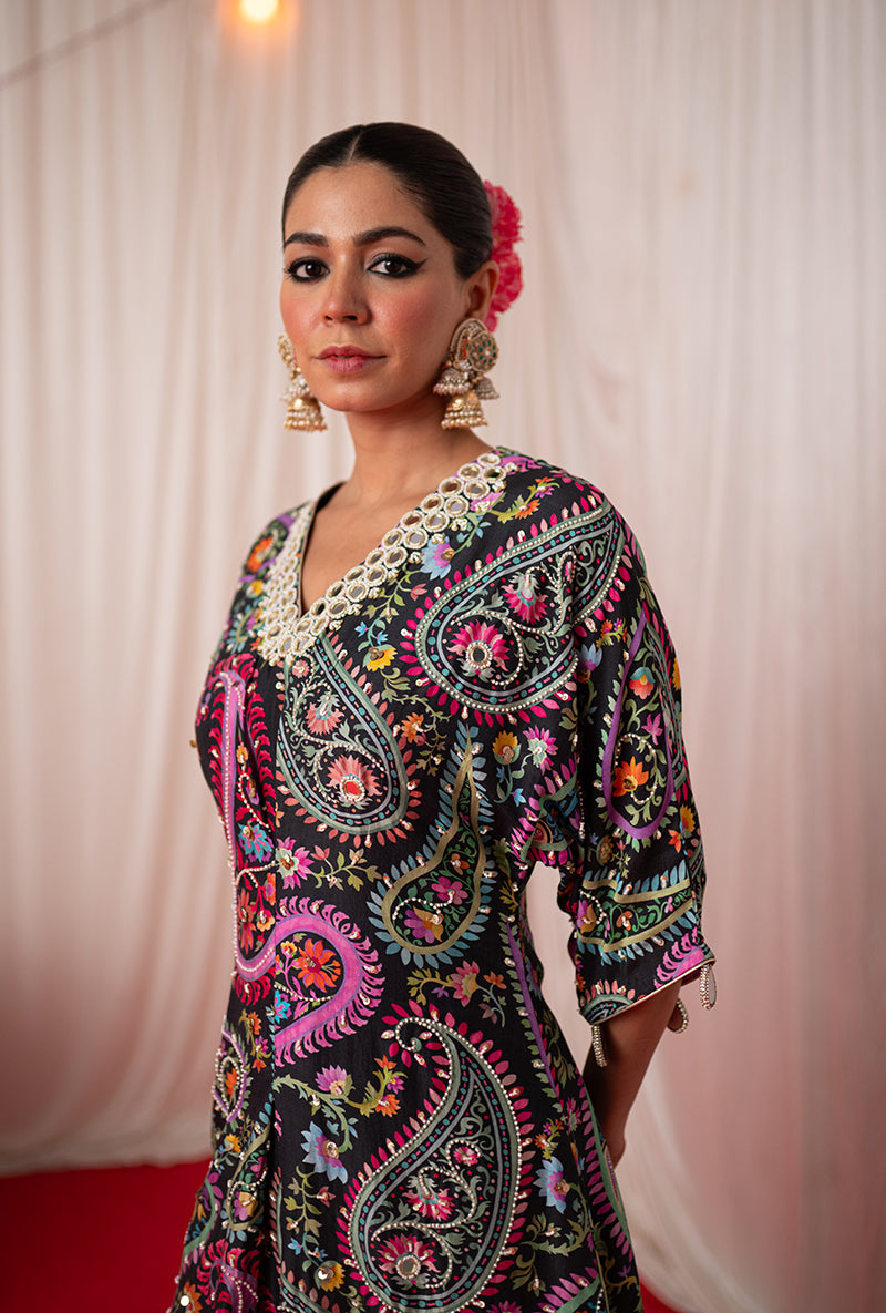 Black Embroidered Kikli Kaftan Set