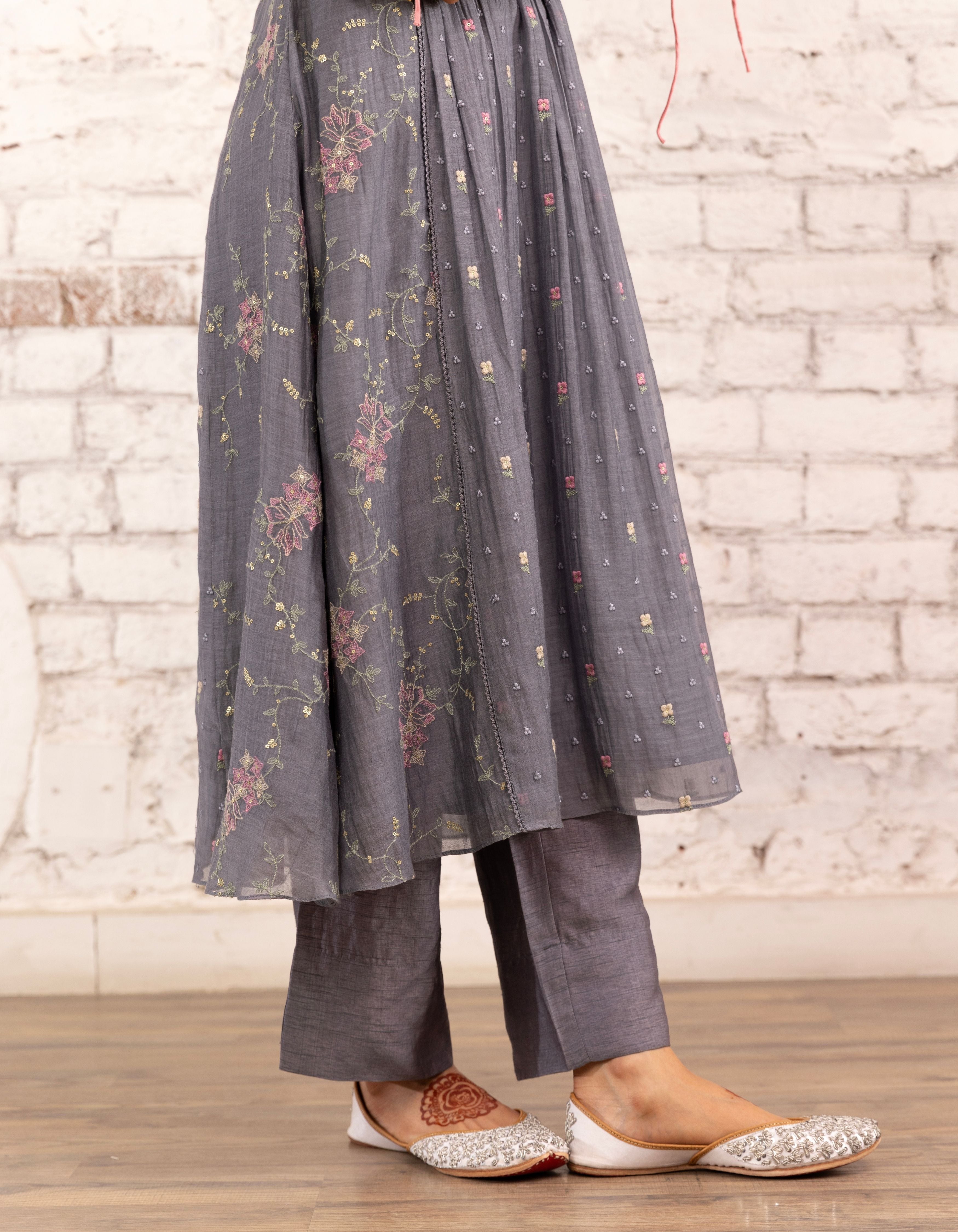 English Blue Threadwork Short Yoke Noor Kurta Set