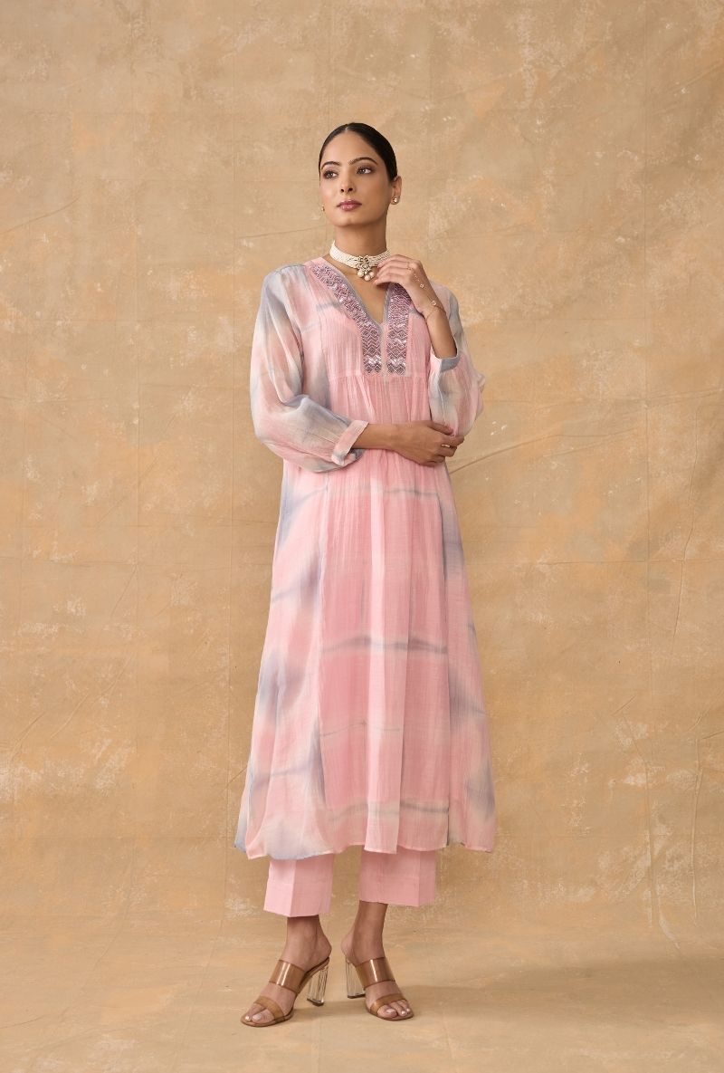 Pink Beaded Neck Clamp Dye Ruhi 2.0 Kurta Set