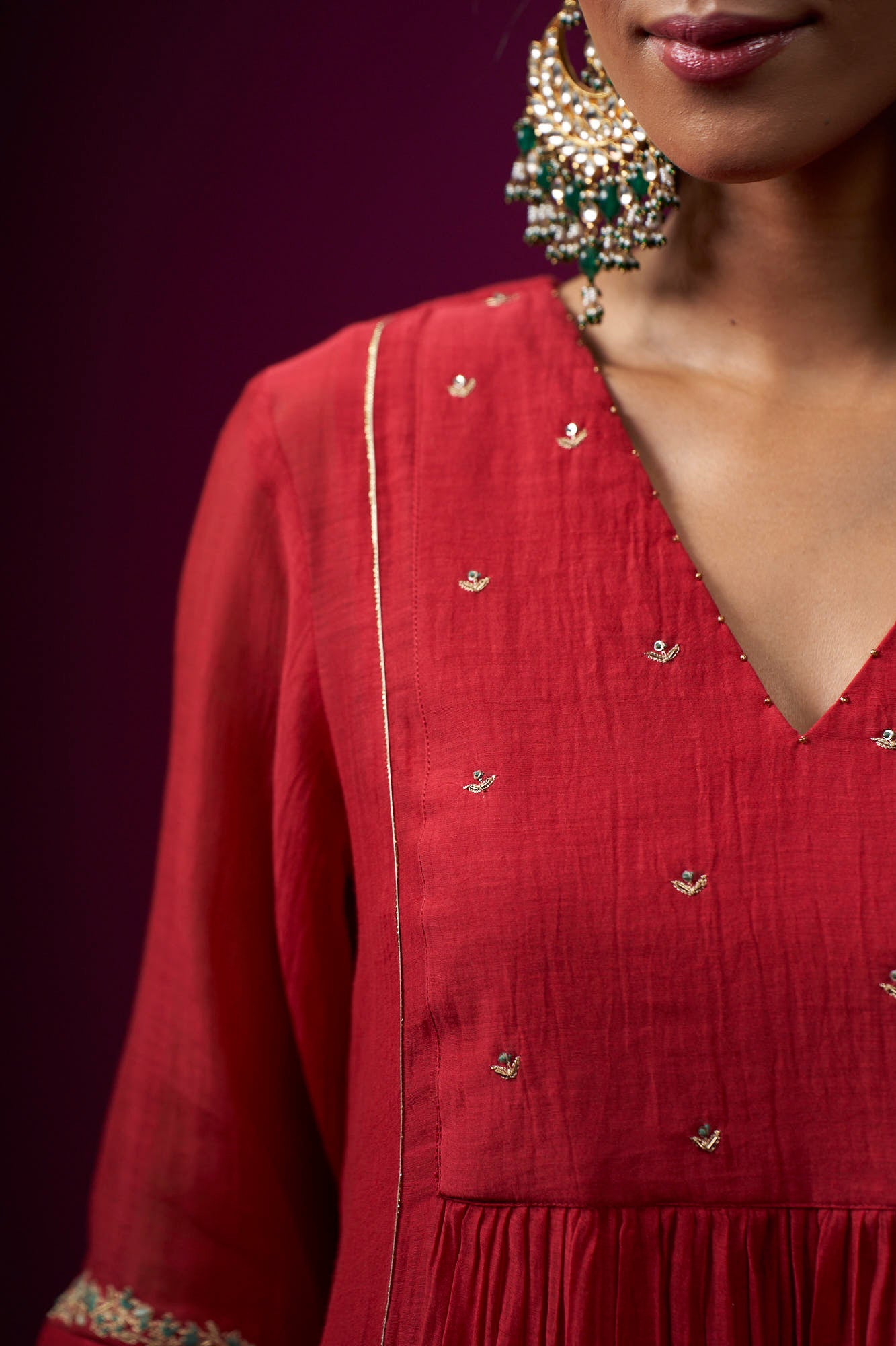 Red Front Gather Raas Kurta Set
