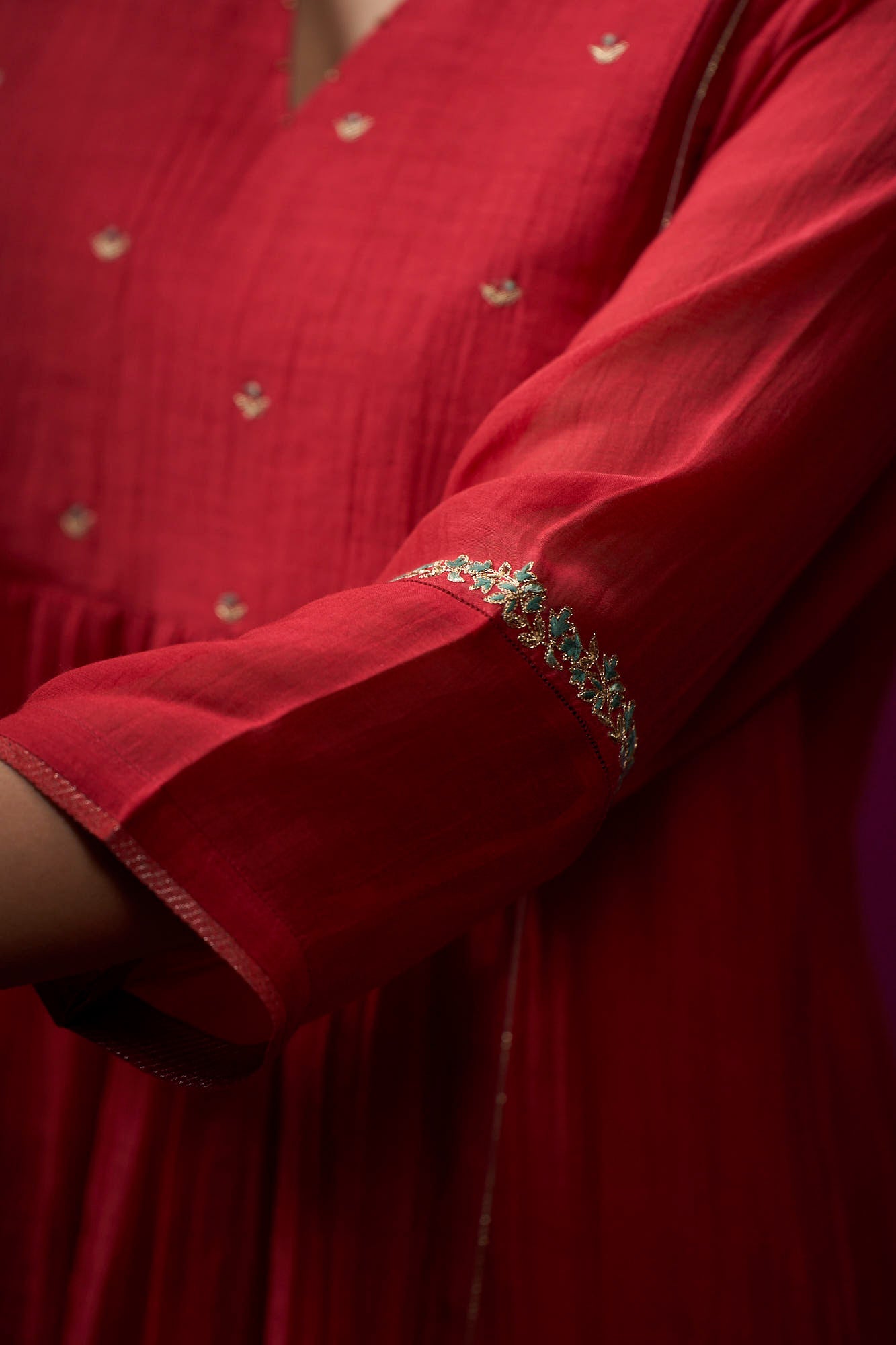 Red Front Gather Raas Kurta Set