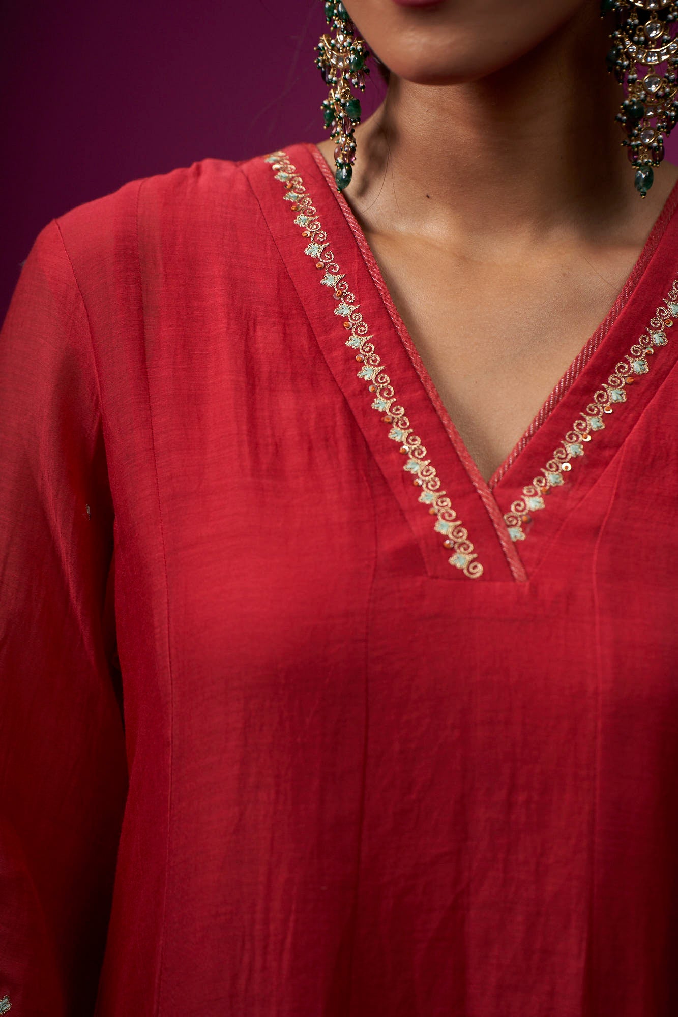 Red V-Neck Raas Kurta Set