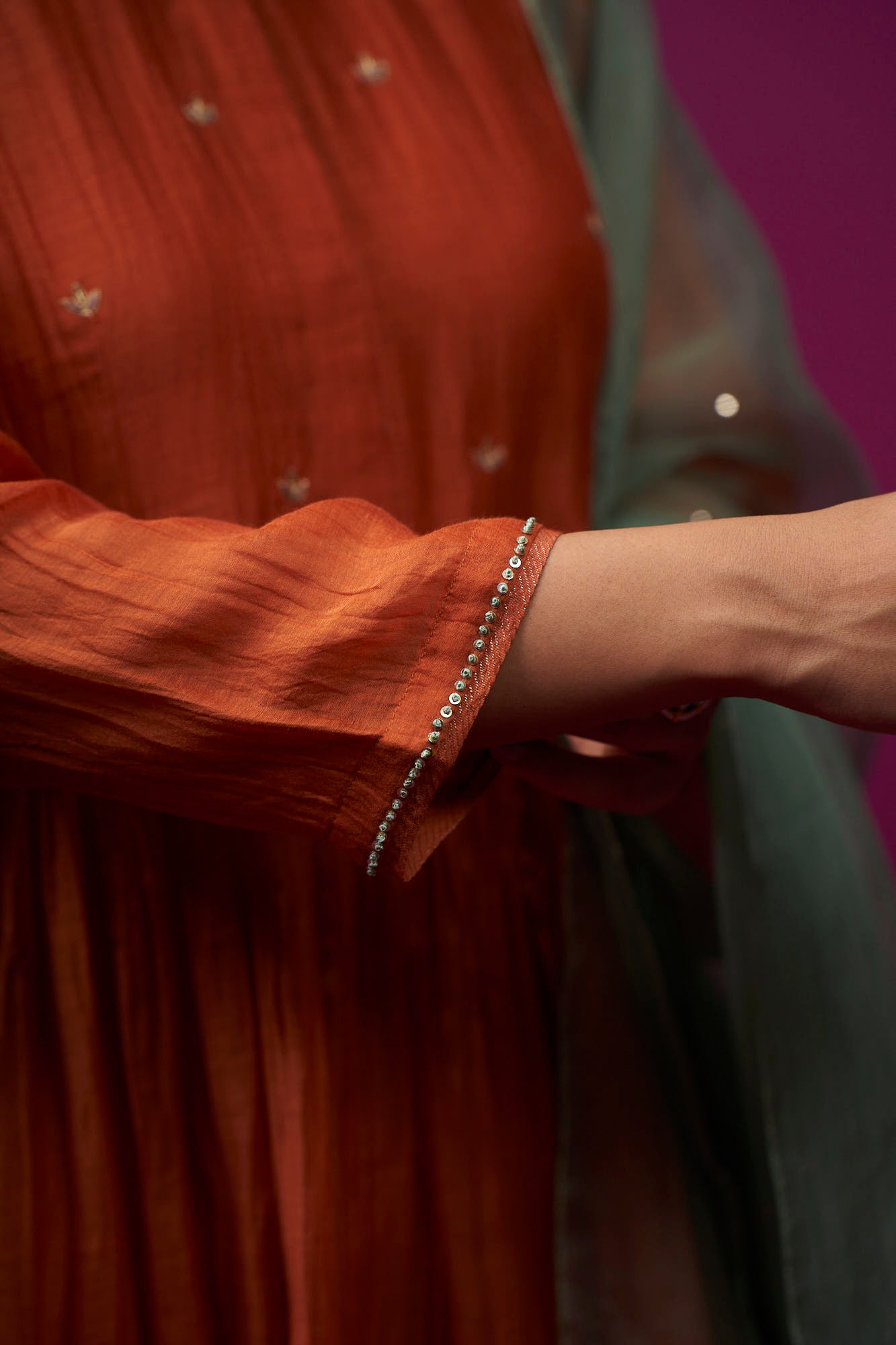 Burnt Orange Open Front Yoke Raas Kurta Set