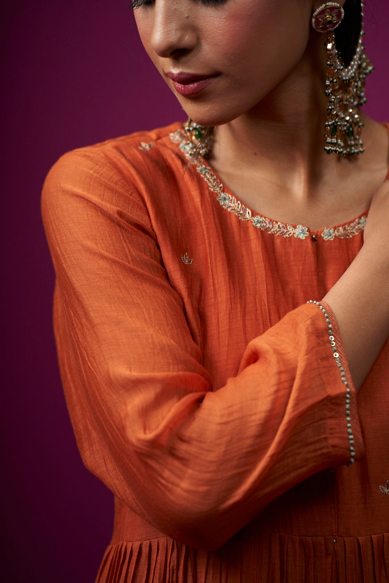 Burnt Orange Open Front Yoke Raas Kurta Set