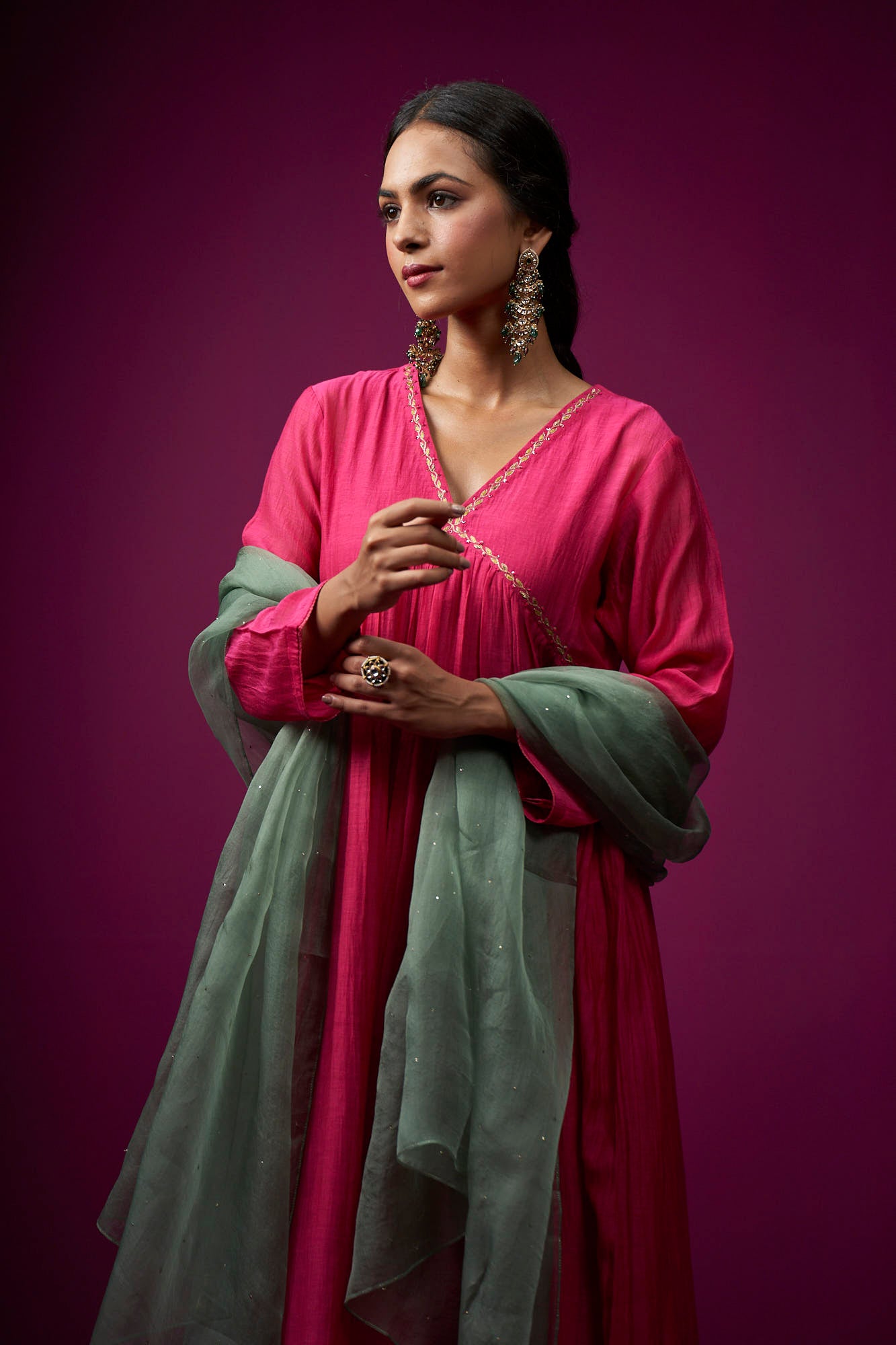 Pink Resham Zari Work Empire Line Raas Kurta Set