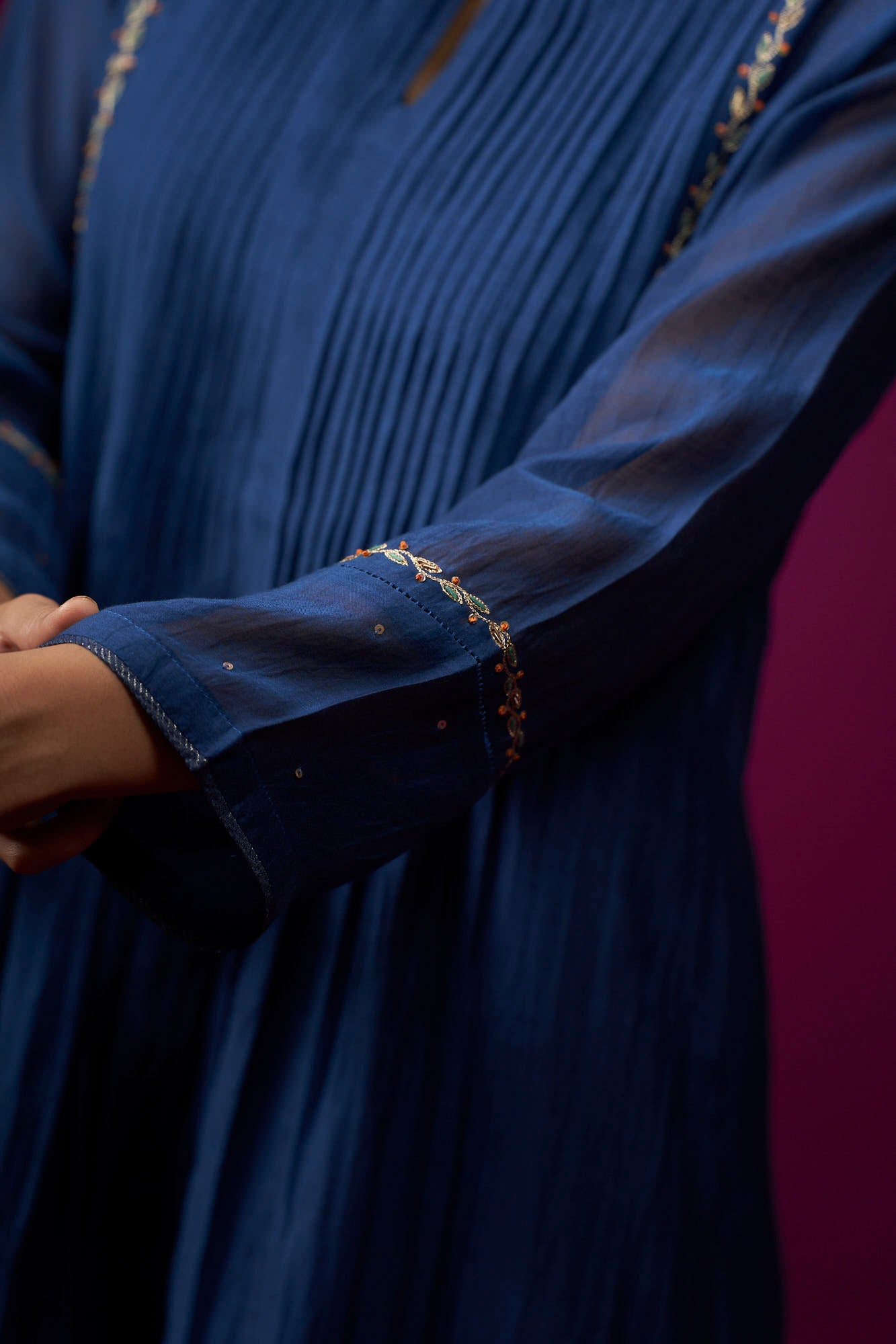 Navy Blue Embrodeired Front Gather Raas Kurta Set