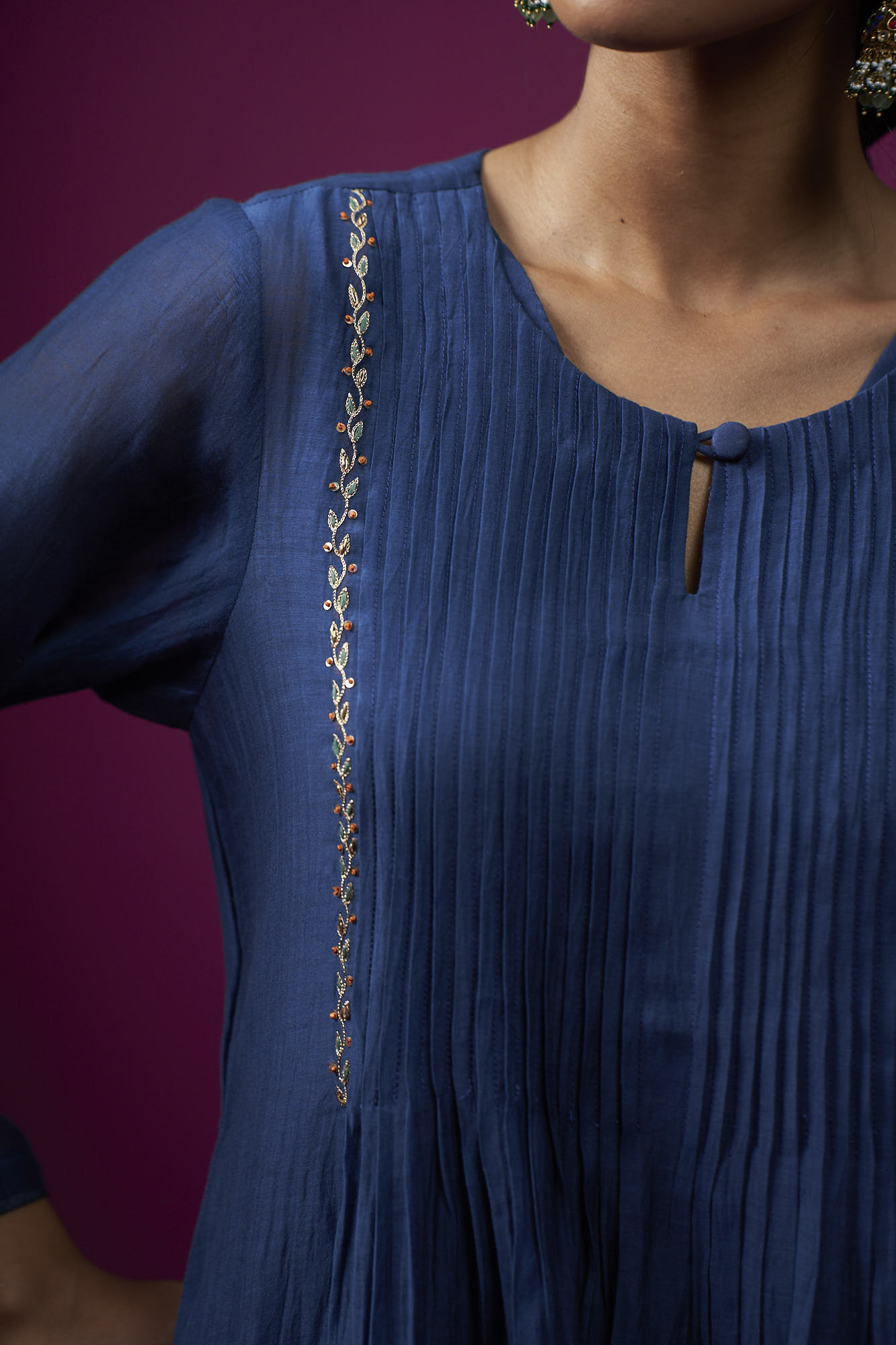 Navy Blue Embrodeired Front Gather Raas Kurta Set