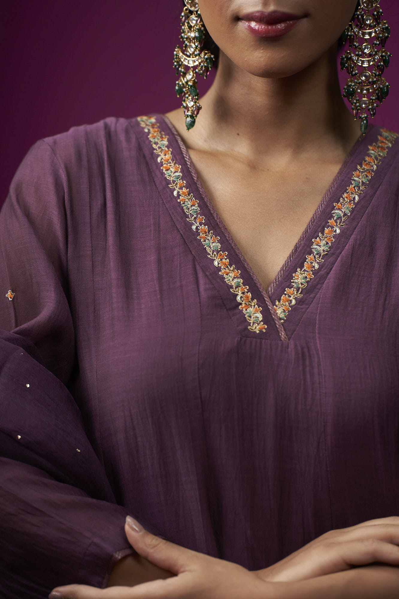 Deep Plum Embroidered V-Neck Raas Kurta Set