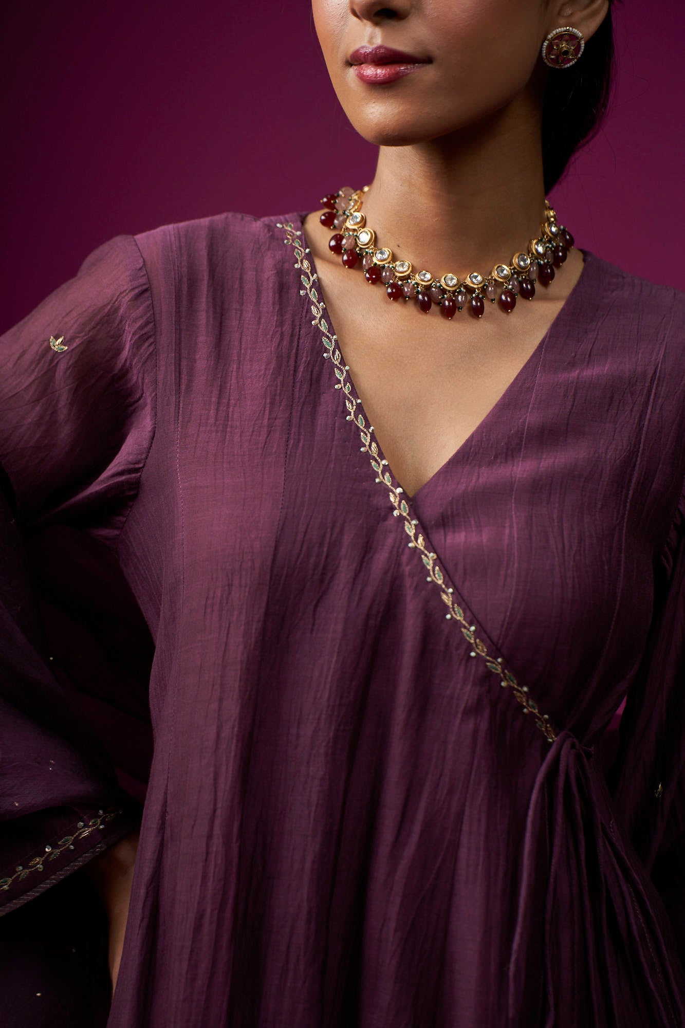 Deep Plum Embroidered Angrakha Raas Kurta Set