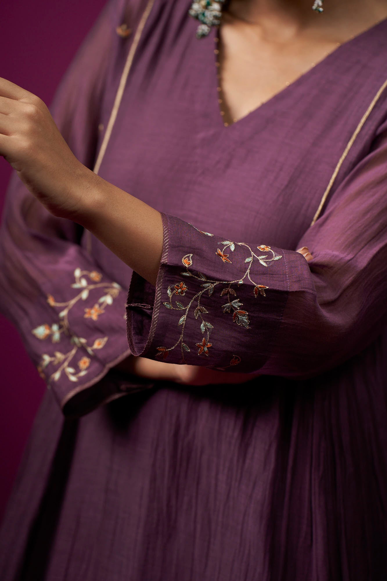 Deep Plum Embrodeired Sleeves Raas Kurta Set
