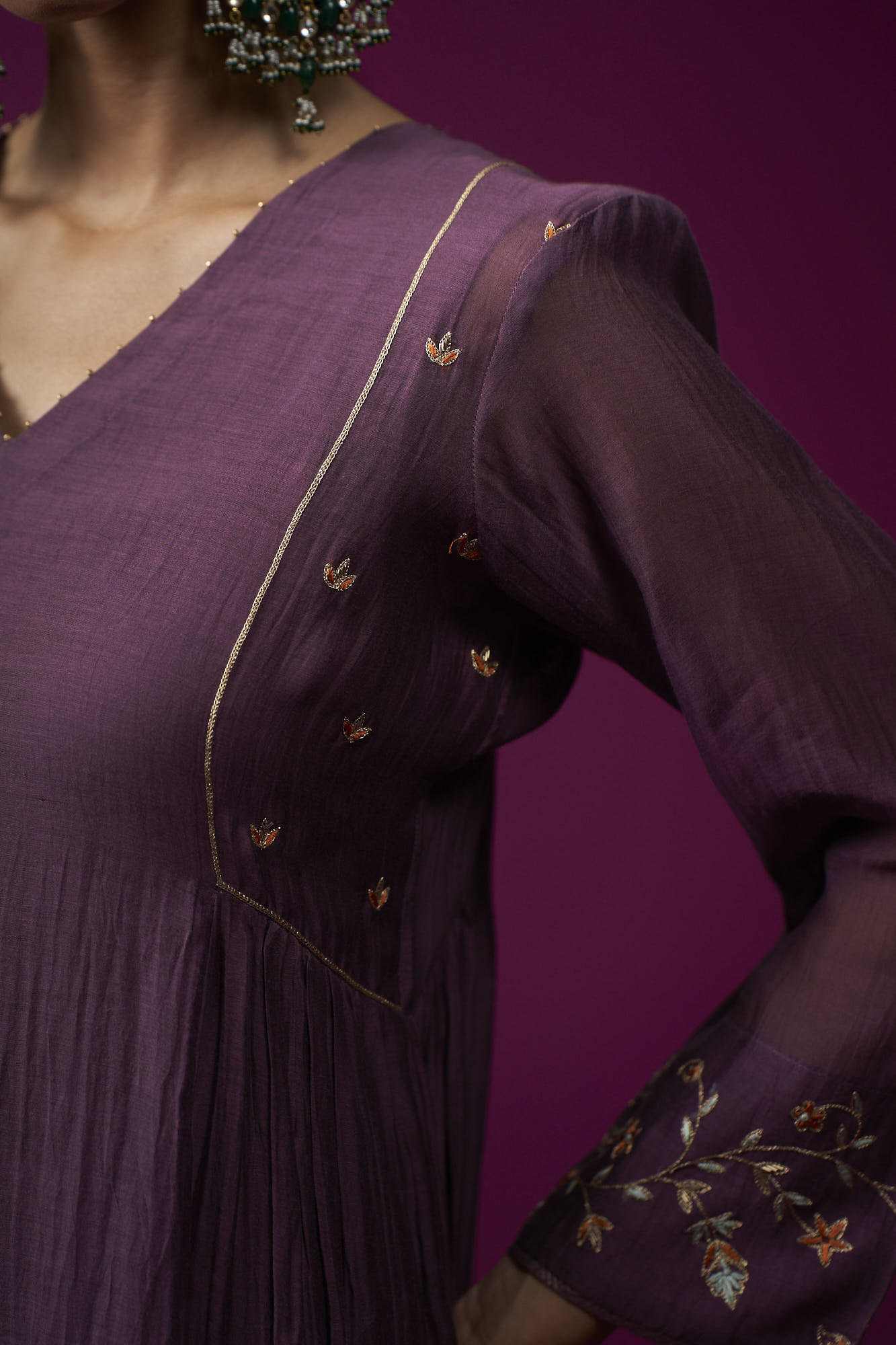 Deep Plum Embrodeired Sleeves Raas Kurta Set