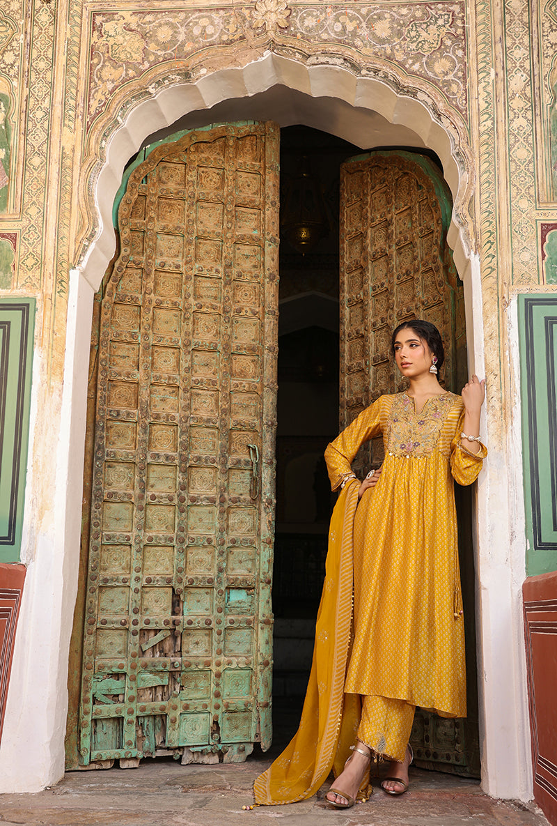Mustard Printed Frockstyle Raag Kurta Set