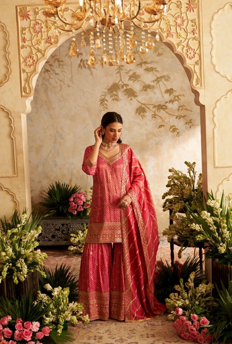 Rani Pink Bandhini Rumi Gharara Set