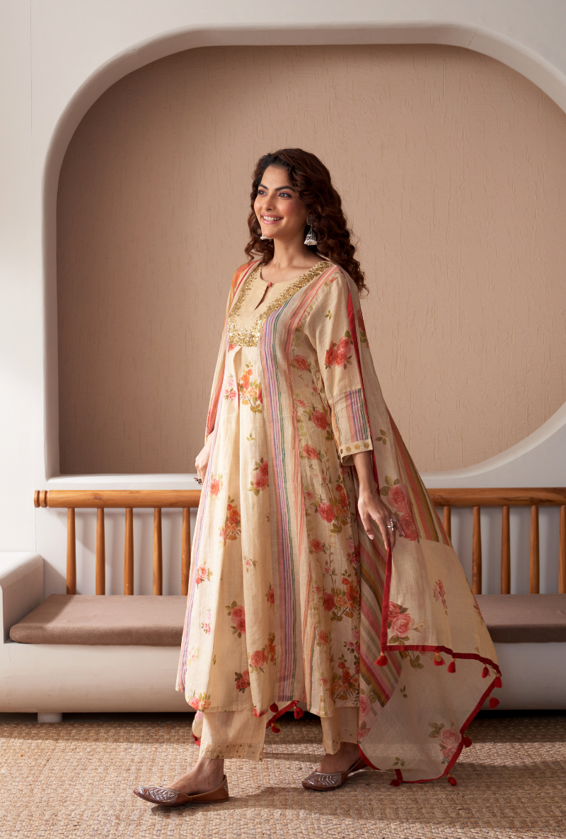 Ivory Sequin Yoke Bageecha Anarkali Set