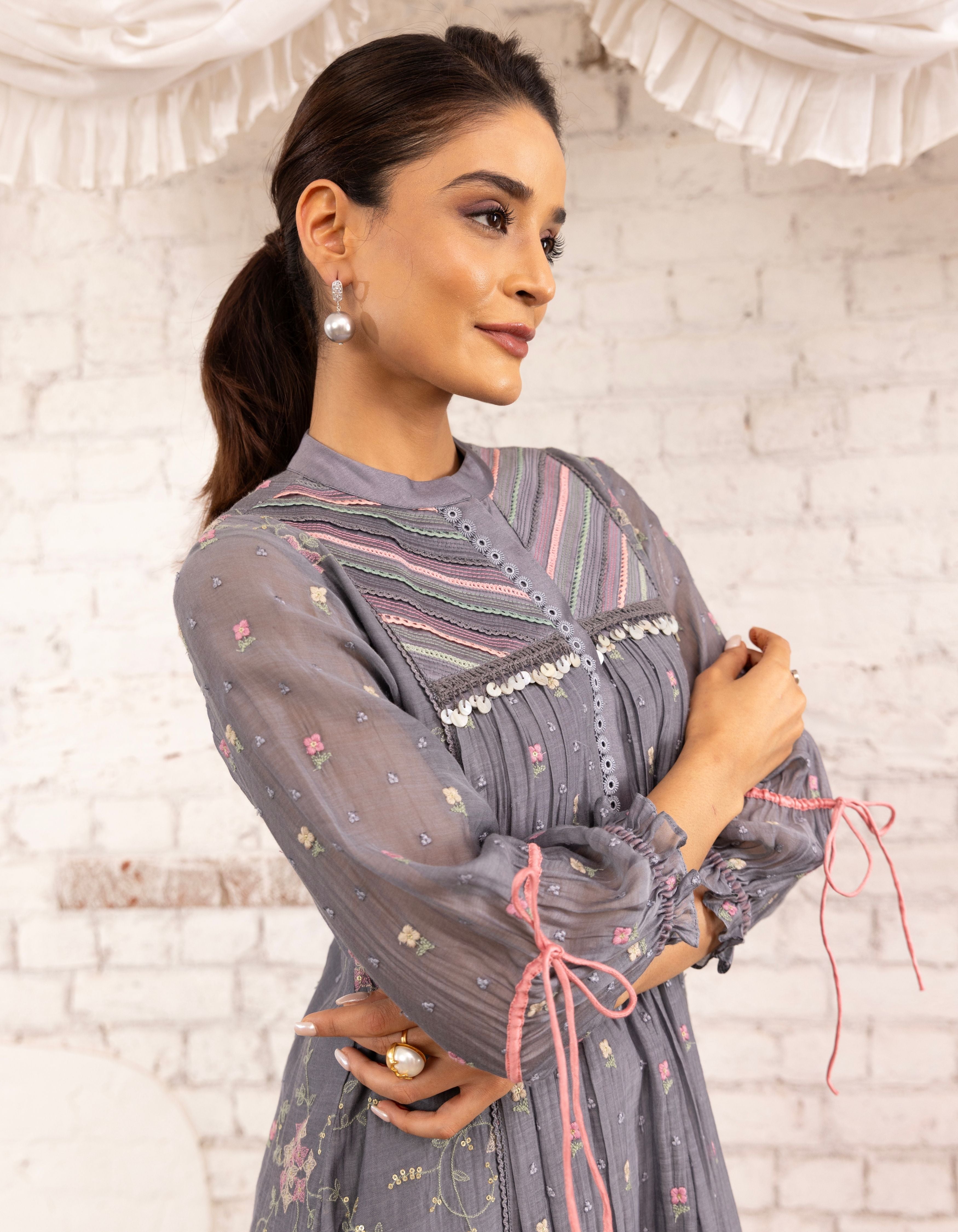 English Blue Threadwork Short Yoke Noor Kurta Set