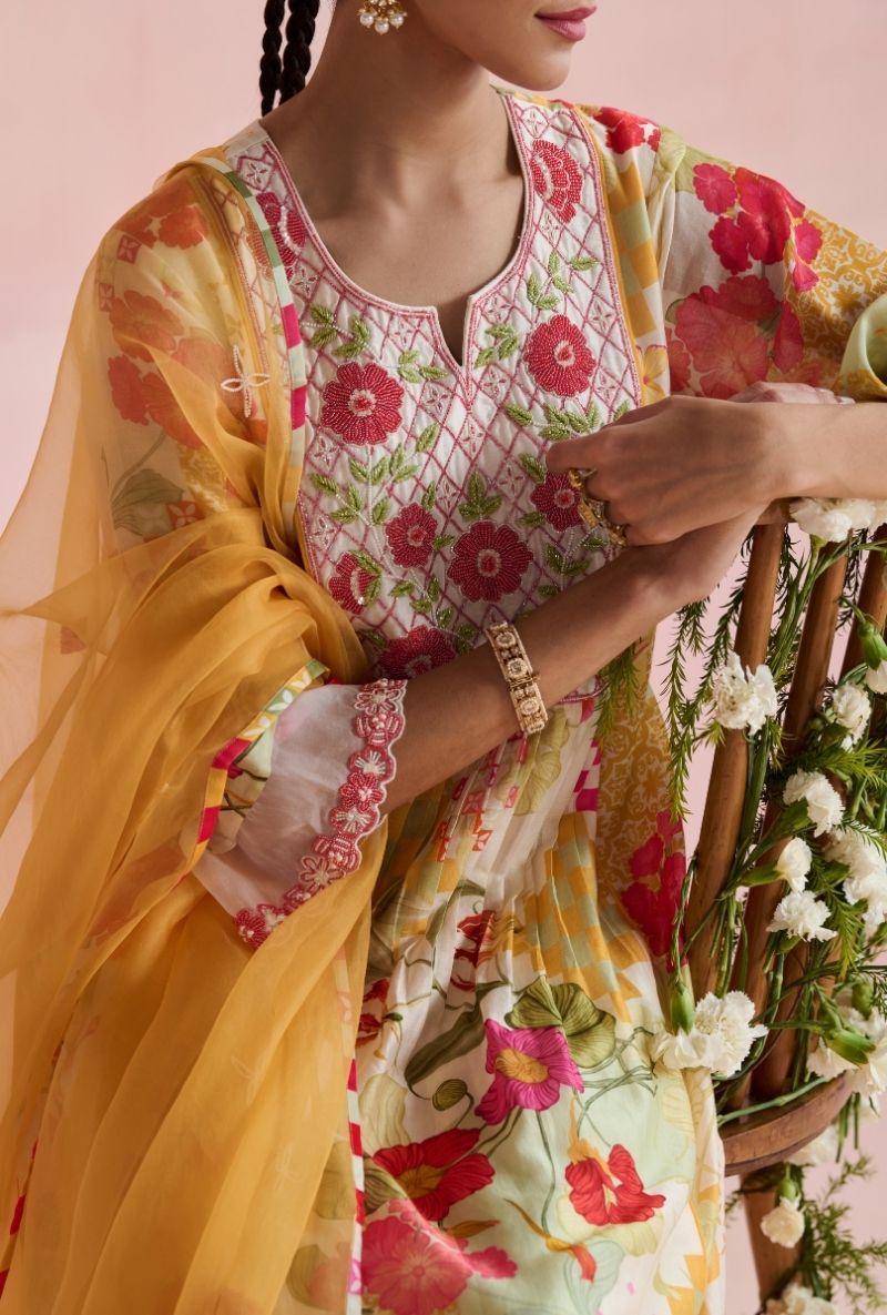 Multi Color Jaal Embroidered Yoke Amara Kurta Set