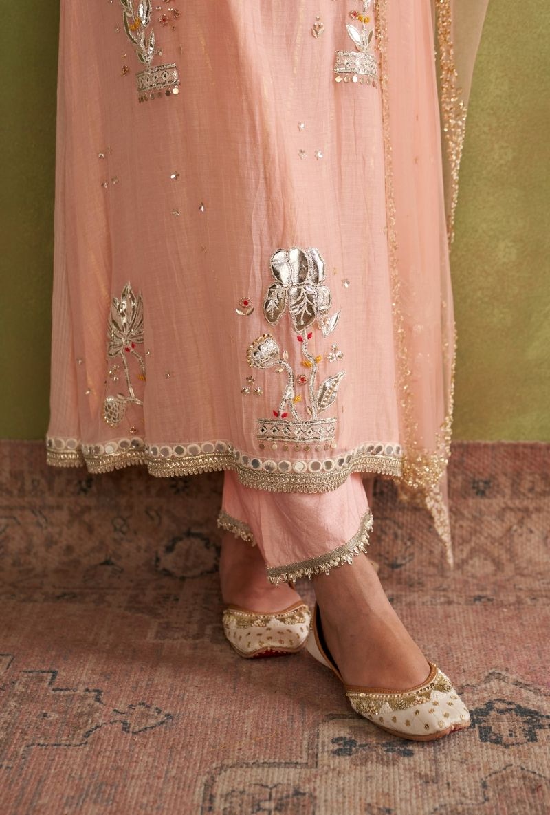 Baby Pink Silver Patchwork Morbagh Kurta Set