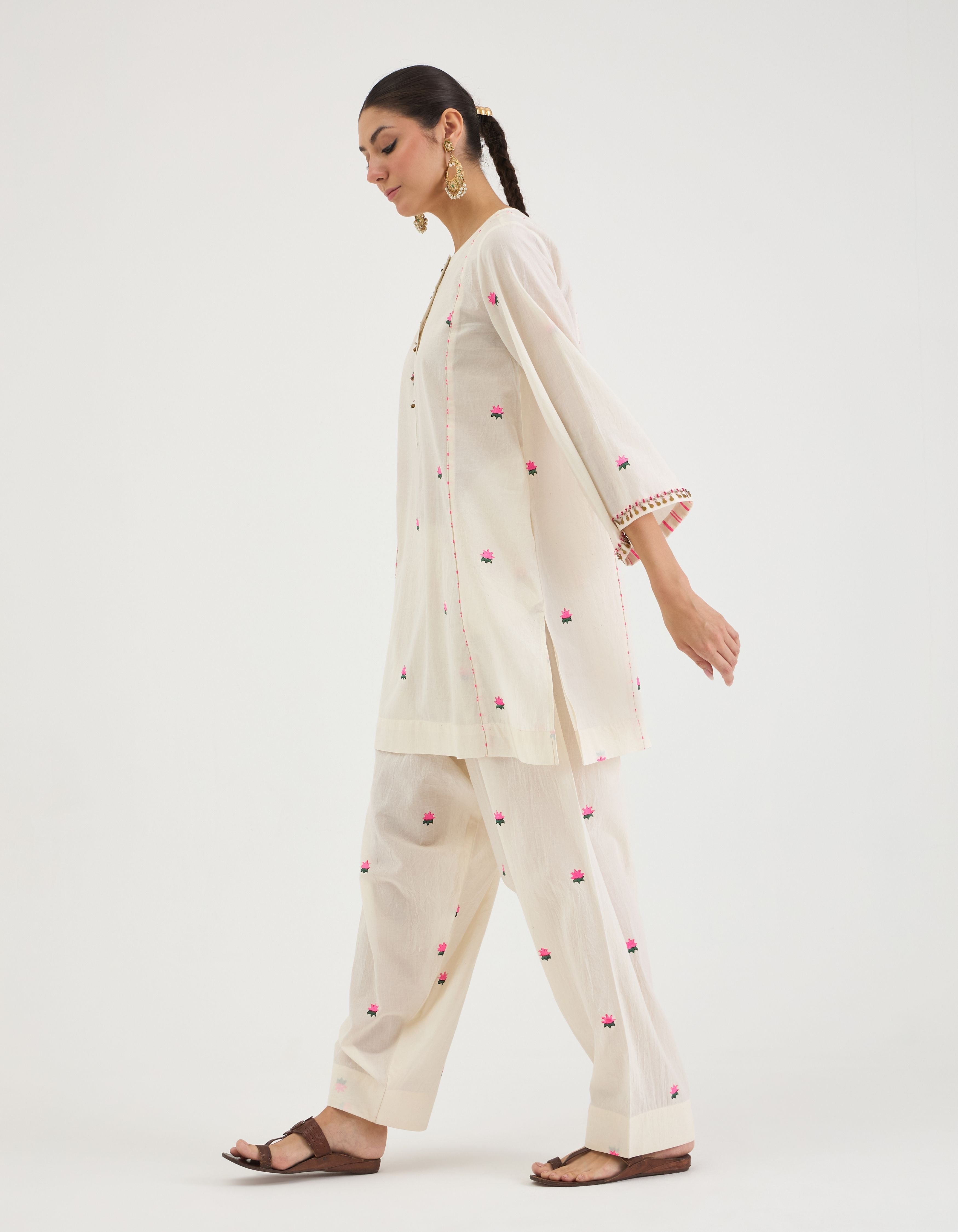 Off White Lotus Print Short Sukhi Kurta Set