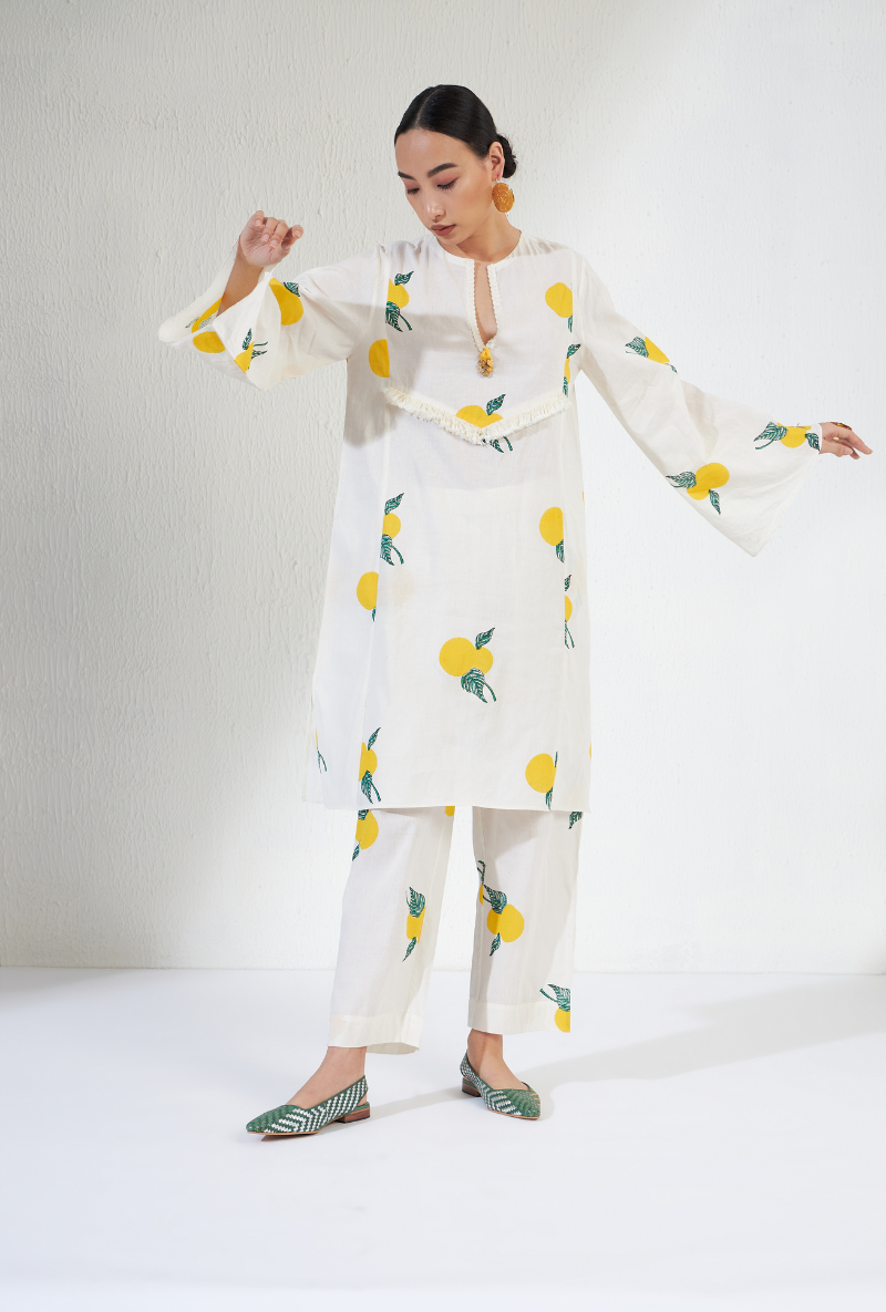Off White Hand Block Print And Tassel Yoke Veera Olivia Kurta Set