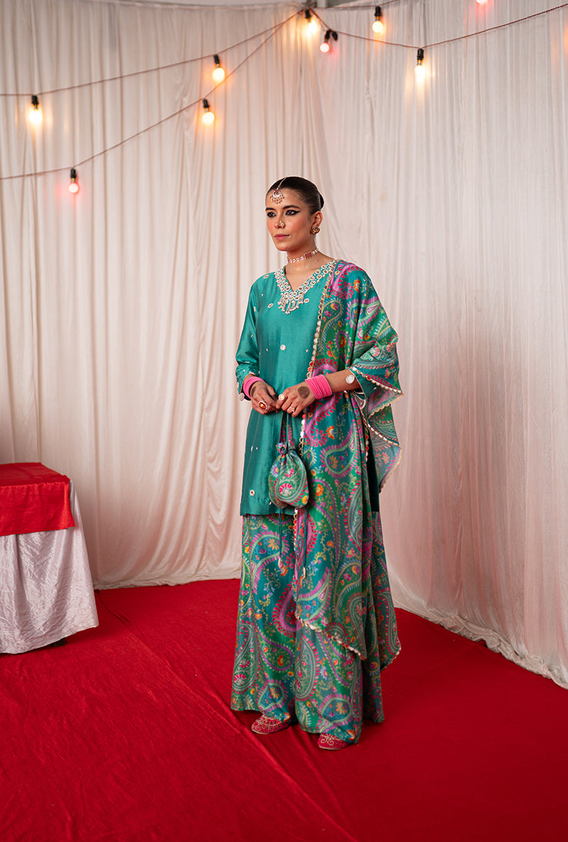 Green Embroidered Kikli Sharara Set