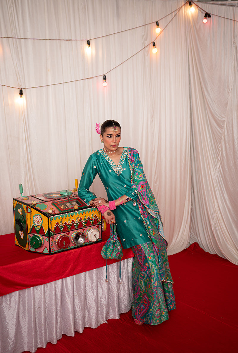 Green Embroidered Kikli Sharara Set