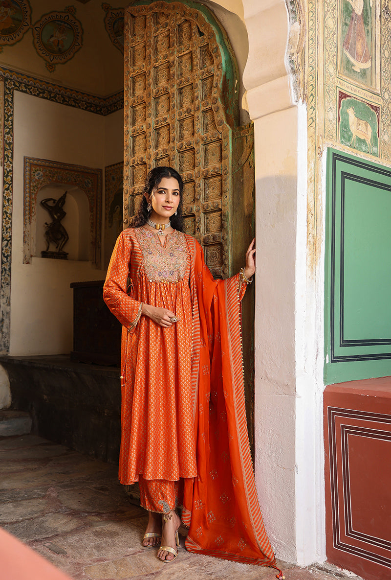 Orange Printed Frockstyle Raag Kurta Set