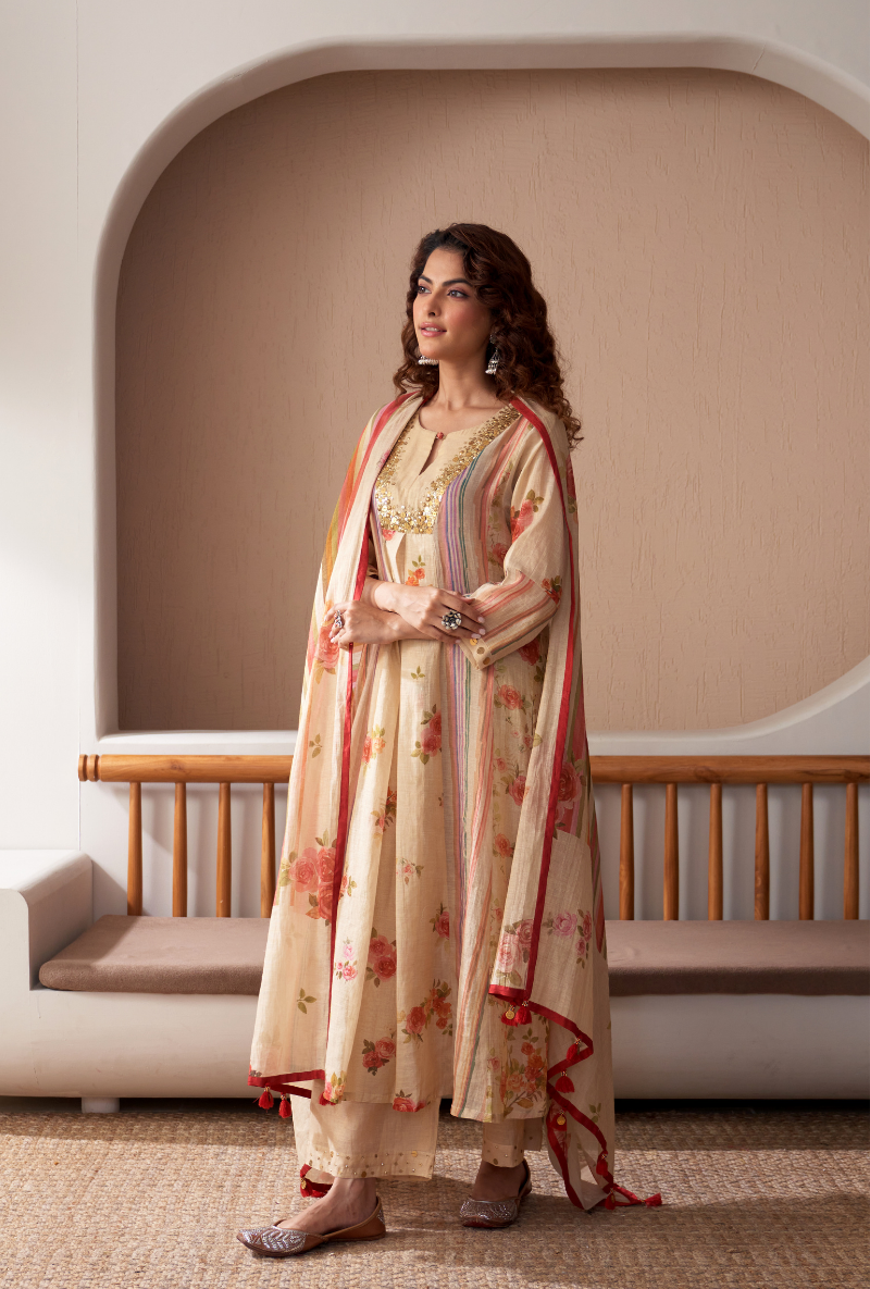 Ivory Sequin Yoke Bageecha Anarkali Set