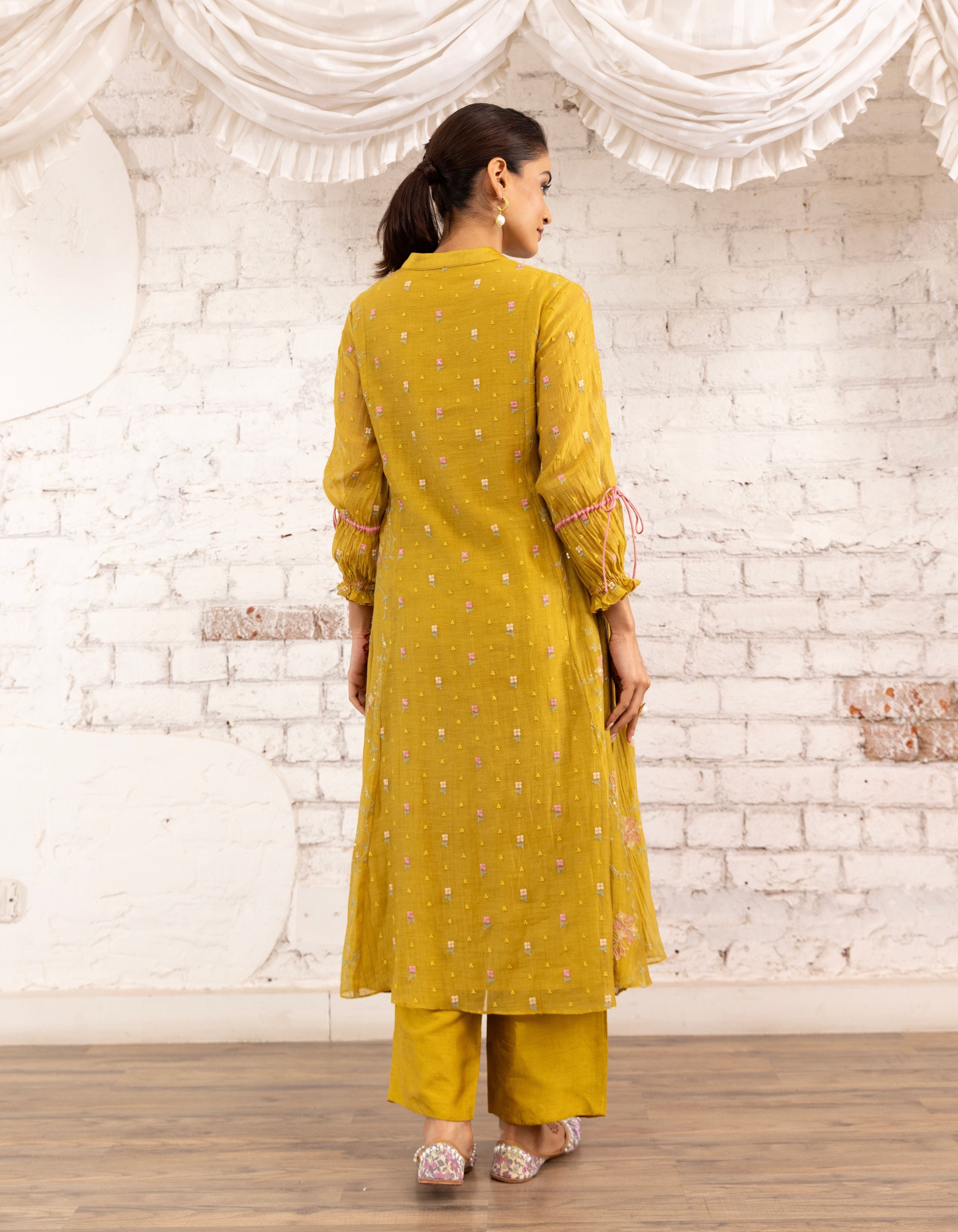 Mustard Threadwork Short Yoke Noor Kurta Set