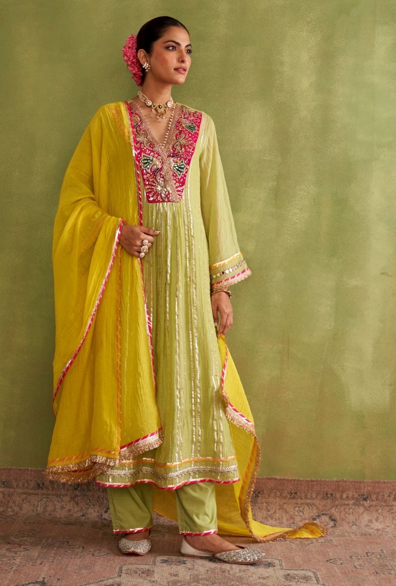 Mint Green Embroidered Overlap Morbagh Kurta Set