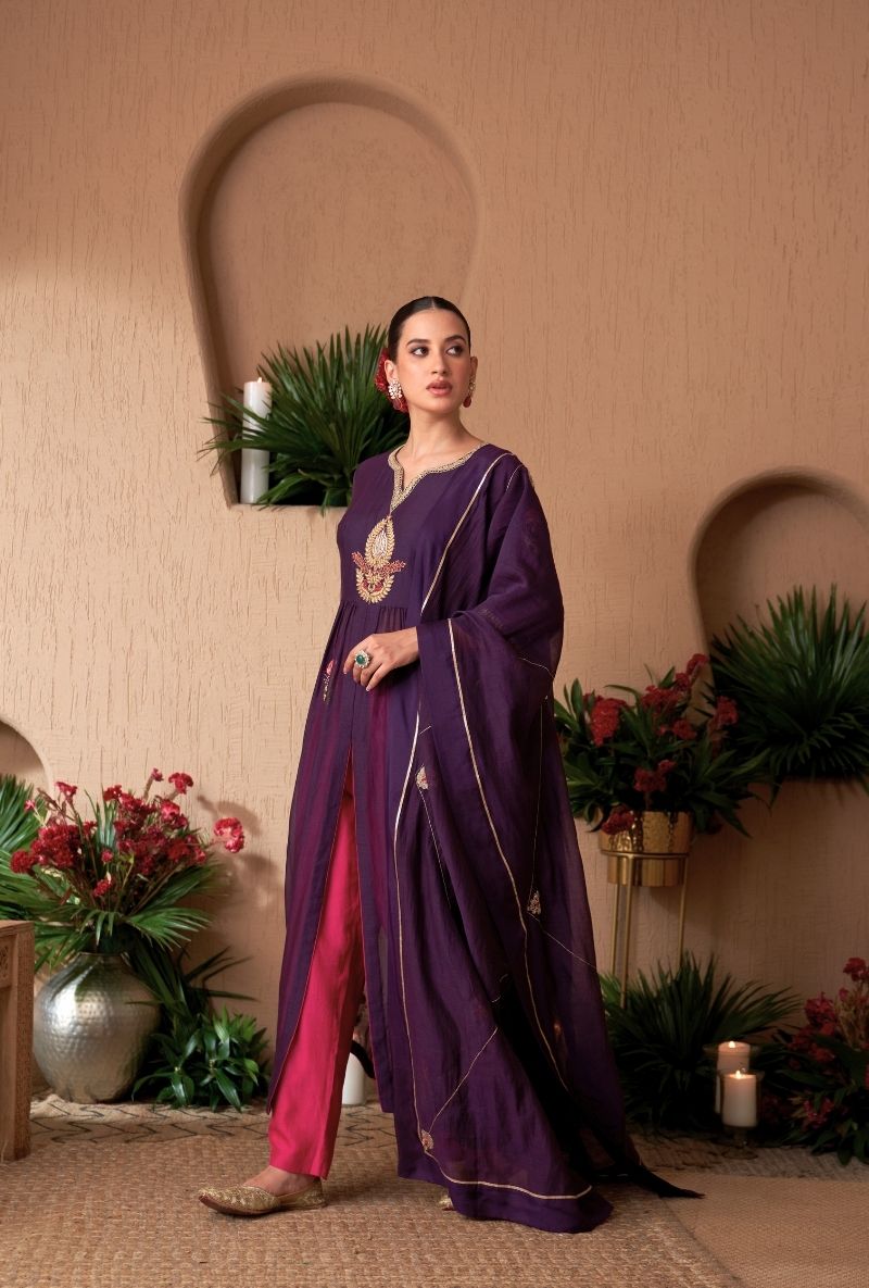 Purple Front Slit Naveli Anarkali Set