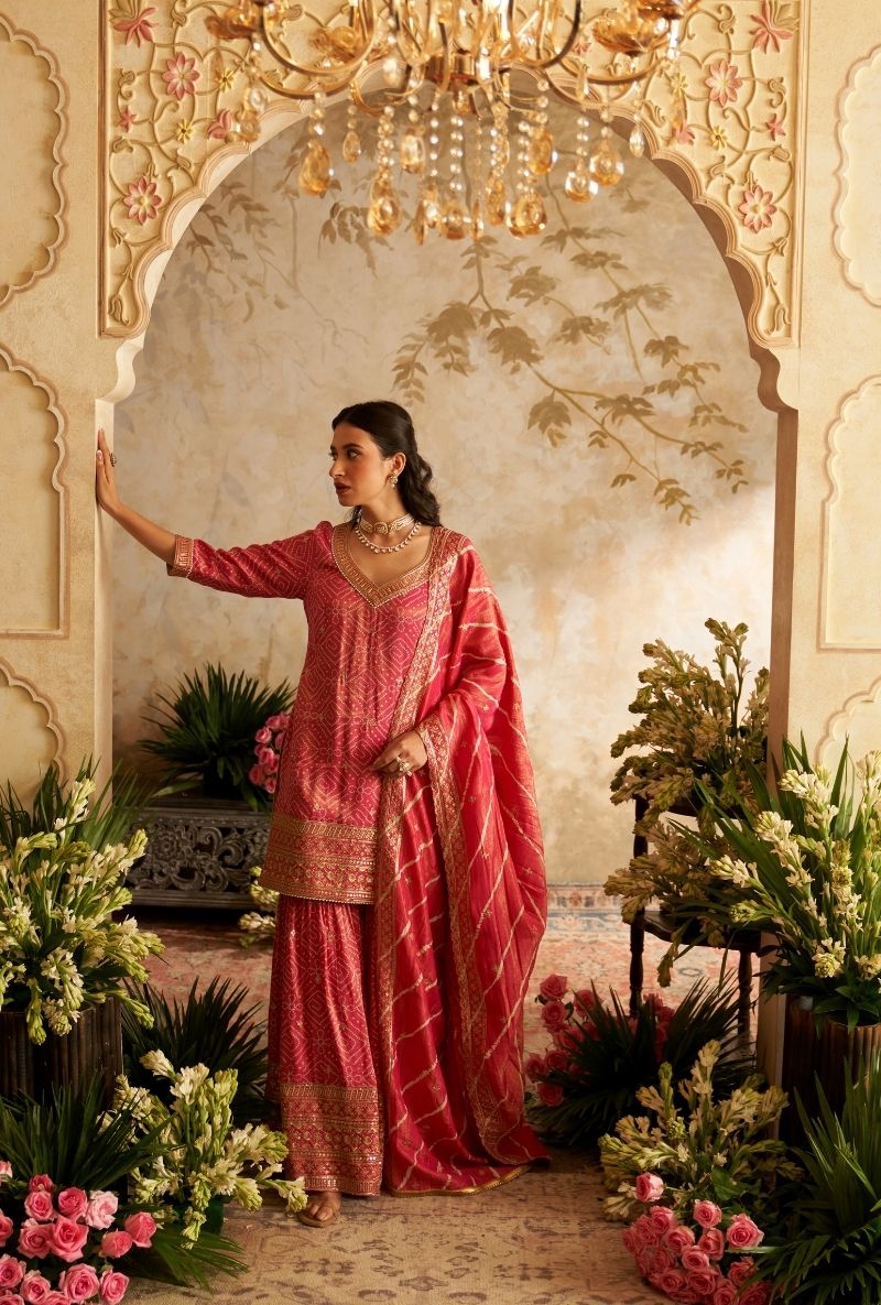 Rani Pink Bandhini Rumi Gharara Set