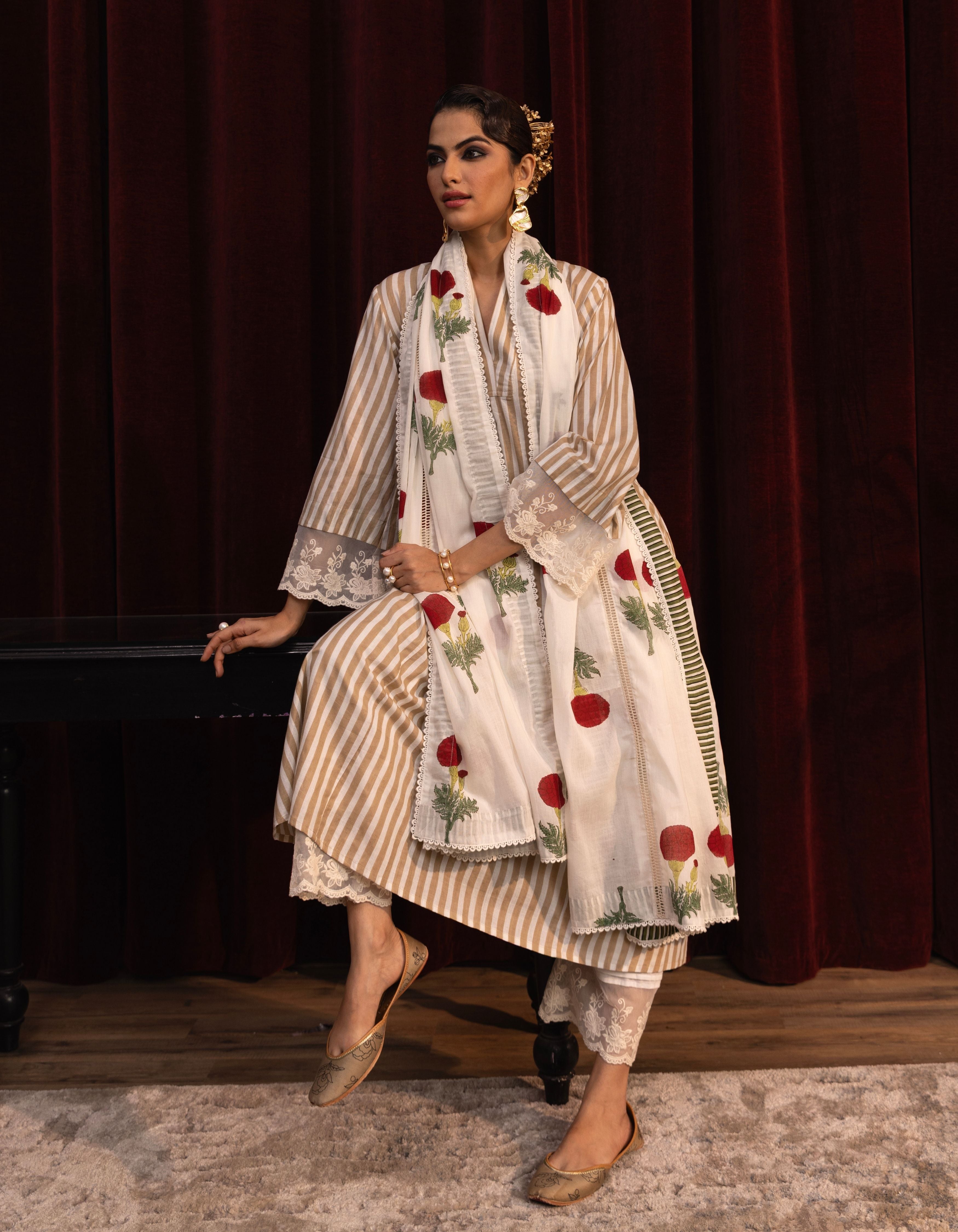 Beige and White Stripes Block Print Mogra Kurta Set