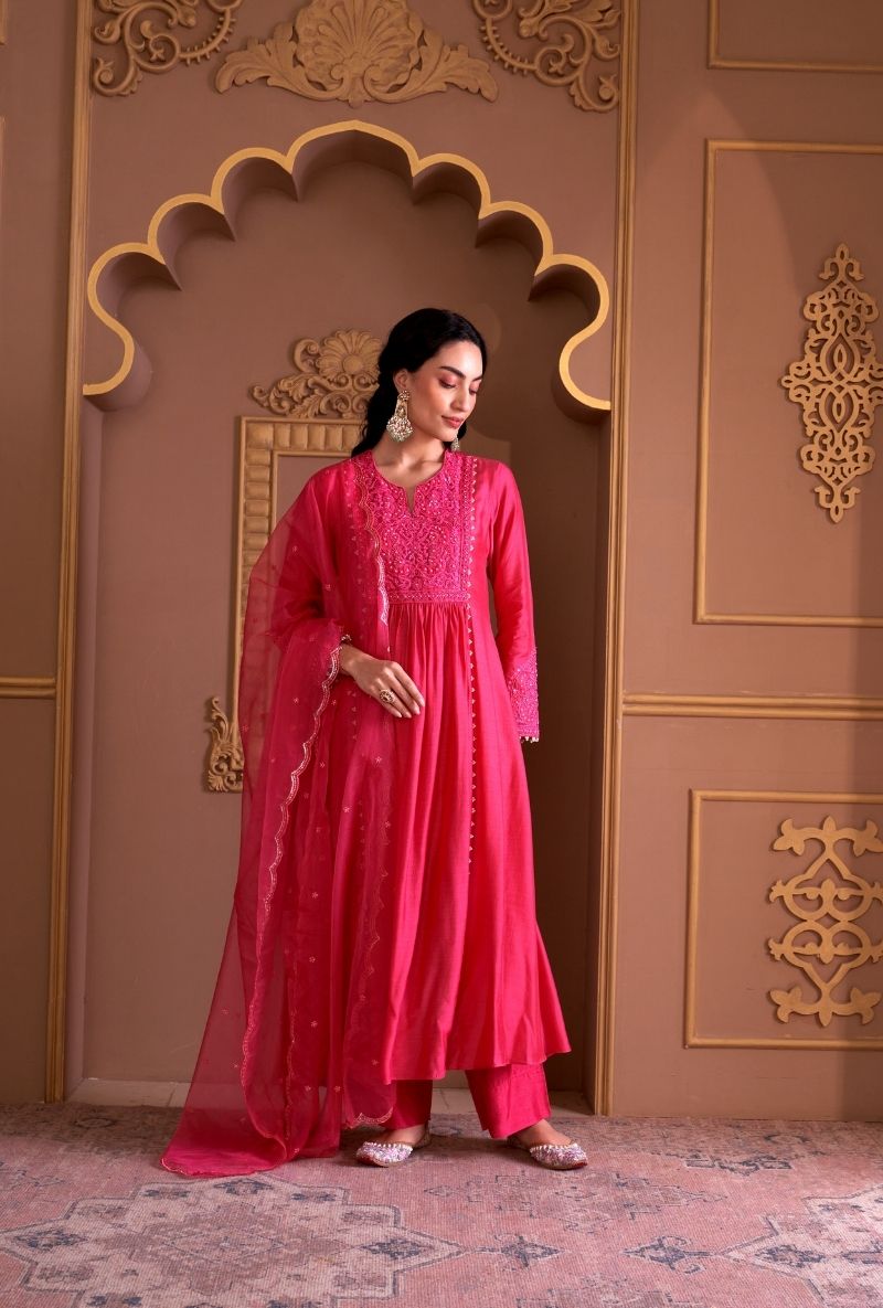 Pink Bead Yoke Rasia Kurta Set