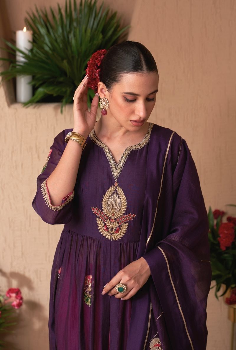 Purple Front Slit Naveli Anarkali Set
