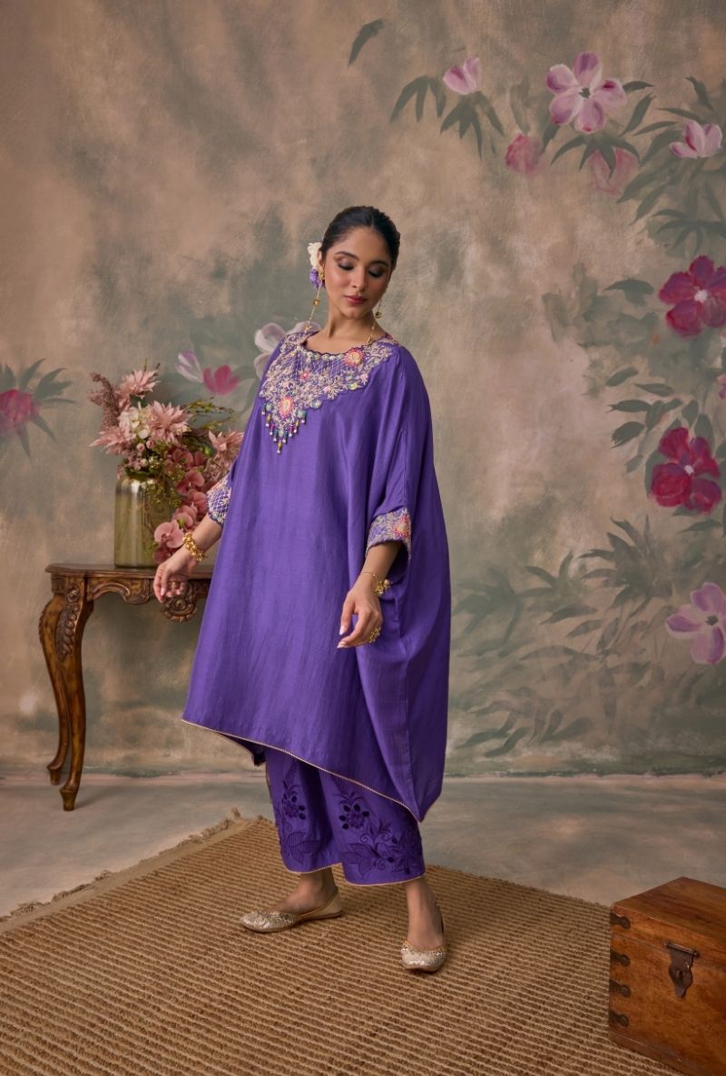 Purple Embroidered Neck Jalsa Kaftan  Set