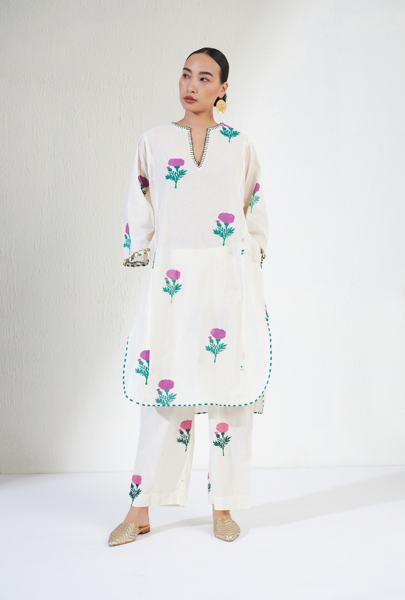 White Round Hem Hand Block Print Gulnar Olivia Kurta Set