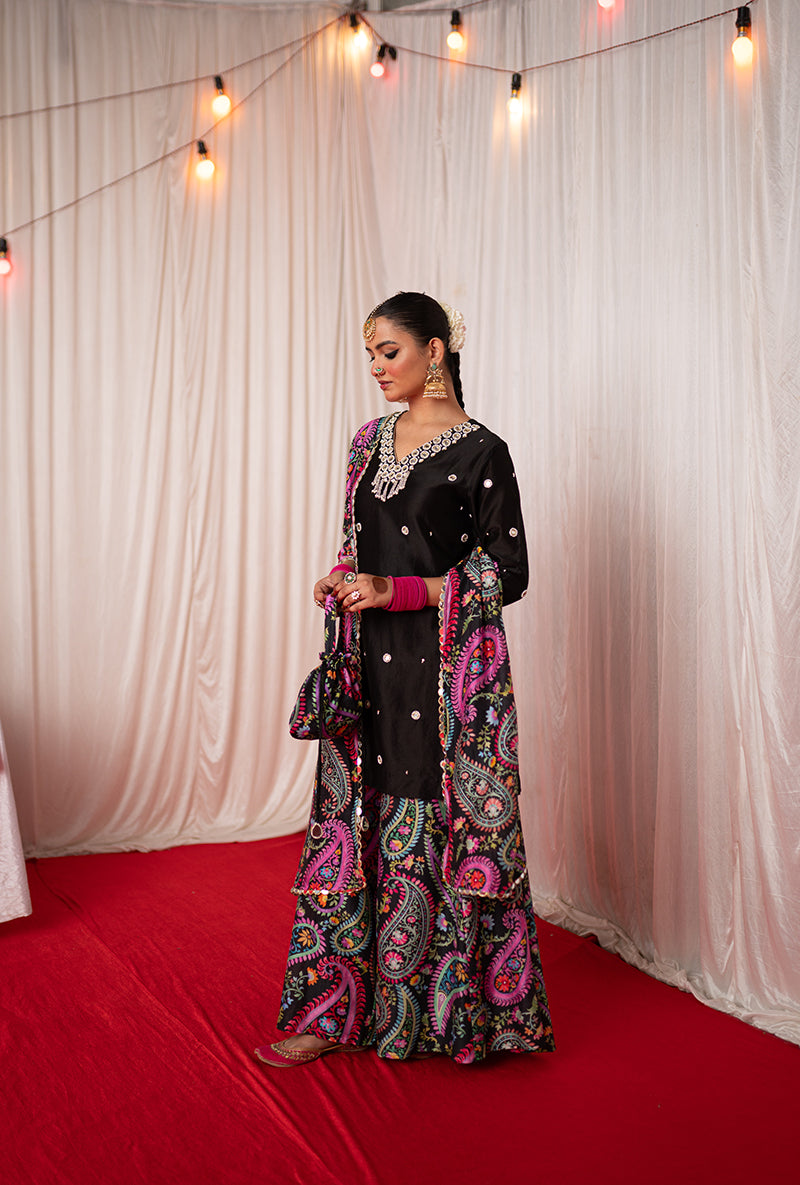 Black Embroidered Kikli Sharara Set