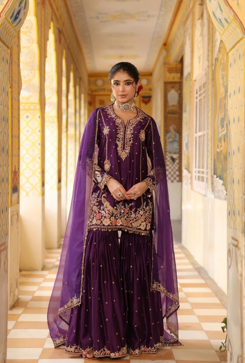 Purple Mayur Applique Heavy Mehfil Sharara Set